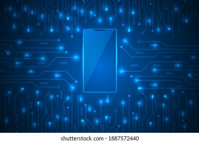 digital smartphone with circuit lines technology abstract background.