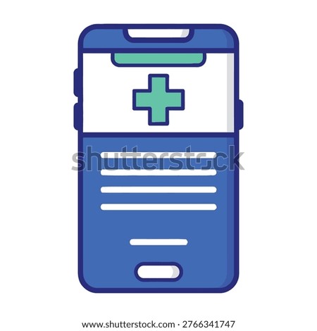 A digital smartphone interface displaying a telehealth medical application with a prominent cross icon. Ideal for concepts regarding digital health, remote patient monitoring, and online care.