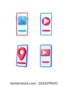 Telas de smartphones digitais exibindo vários ícones de aplicativos, como player de vídeo, pin de localização e galeria de imagens. Tecnologia móvel moderna para multimídia e navegação.