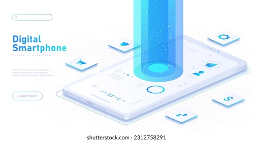 Digital smartphone white concept. Mobile application and program interface. Online shopping and electronic commerce. Software development. Landing page design. Isometric vector illustration