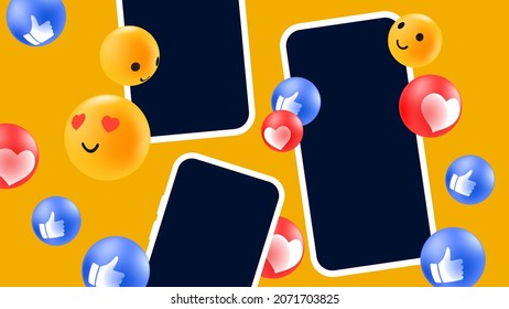 Digital Smartphones with Flying Emoji Reactions. Smartphone Mockup. Vector illustration