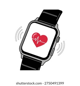 A digital smartwatch with a black band and silver casing displays a bright red heart icon with a white electrocardiogram line superimposed. Three curved lines representing signal waves emanate from the right side of the watch face. The background is plain white.
