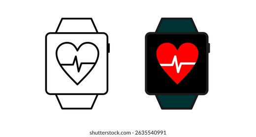 Digital smartwatch and heart pulse icon with editable stroke, black hand watch with heartbeat symbol