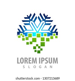 Digital snowflake logo concept design. Symbol graphic template element 
