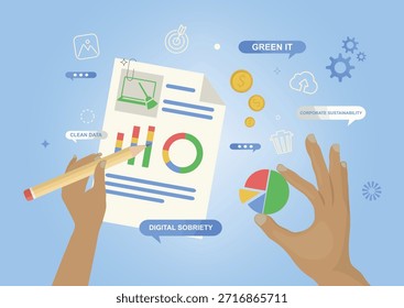 sobriedade digital com mãos diversas analisando gráficos de dados ecológicos e gráficos de pizza, destacando estratégia de TI ecológica, dados limpos e sustentabilidade corporativa. Limpeza digital. Ilustração vetorial