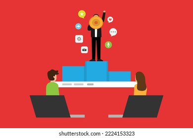 Digital social marketer on podium with megaphone 2d vector illustration concept for banner, website, illustration, landing page, flyer, etc
