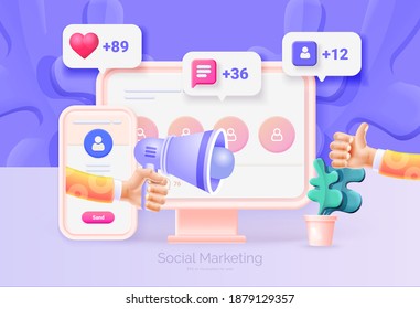 Digital social marketing. Computer and mobile phone with social network interface. Hand holds a megaphone. Getting new subscribers, likes, messages. Social network promotion. Vector illustration 3D