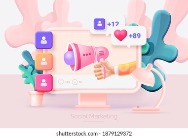 Digital social marketing. Computer and mobile phone with social network interface. Hand holds a megaphone. Getting new subscribers, likes, messages. Social network promotion. Vector illustration 3D