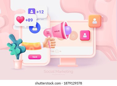 Digital social marketing. Computer and mobile phone with social network interface. Hand holds a megaphone. Getting new subscribers, likes, messages. Social network promotion. Vector illustration 3D