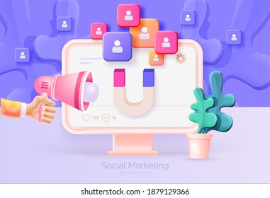 Digital social marketing. Computer with social network interface. Hand holds a megaphone. Search and attraction of target audience, new subscribers. Social network promotion. Vector illustration 3D 