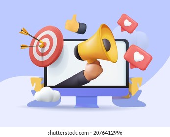 Digital social marketing. Computer with social network interface. Hand holds a megaphone. Search and attraction of target audience, new subscribers. Social network promotion. Vector illustration 3D