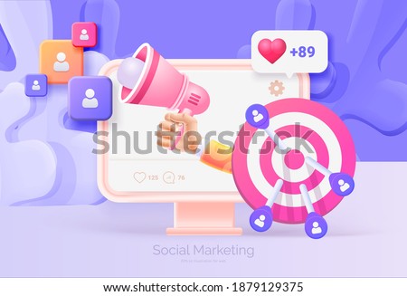 Digital social marketing. Computer with social network interface. Hand holds a megaphone. Search and attraction of target audience, new subscribers. Social network promotion. Vector illustration 3D