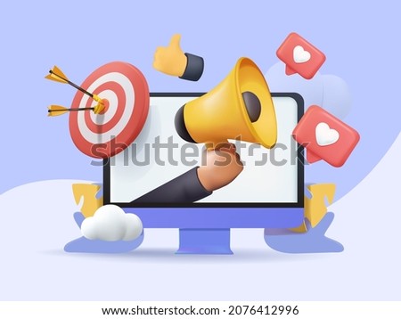 Digital social marketing. Computer with social network interface. Hand holds a megaphone. Search and attraction of target audience, new subscribers. Social network promotion. Vector illustration 3D