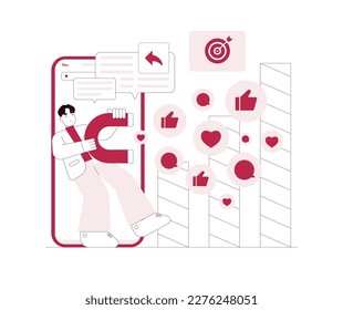 Digital social marketing, hand holds a magnet, search and attraction of target audience, new subscribers, social network promotion concept illustration