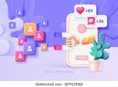 Digital social marketing. Mobile phone with social network interface. Hand holds a magnet. Search and attraction of target audience, new subscribers. Social network promotion. Vector illustration 3D 