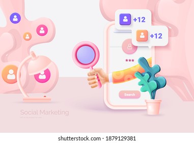 Digital social marketing. Mobile phone with social network interface. Hand holds a magnifying glass. Search and study of the target audience. Social network promotion. Vector illustration 3D style. 