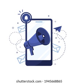 Digital social marketing. Marketing strategy concept. Phone with megaphone. Broadcast on social networks. Media advertising and online podcasts isometric illustration. Flat design. Blue. Eps 10