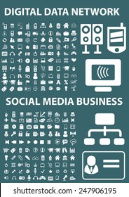 digital, social, media, data, network, business icons, signs, illustrations set, vector