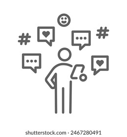 Digital Social Media Interactions icon. User Engaging Through Mobile Device, Chat speech bubbles, hashtags, likes, posting, comments