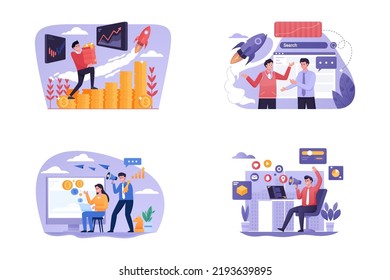 Digital And Social Media Marketing Campaign Strategy Growing Business And Profit Vector Illustration Set