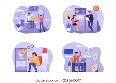 Digital And Social Media Marketing Campaign Strategy Growing Business And Profit Vector Illustration Set