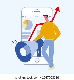 Digital, Social Media Marketing Color Illustration. Mobile Advertising, SEO, Notification. Marketer Standing near Big Megaphone. Smartphone Screen. SMM. App Development Vector Clipart