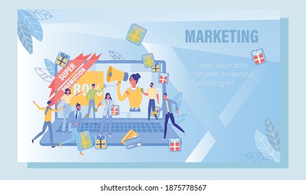 Digital Social Media Marketing and Super Sales Promotion. Customer Attraction. Discount, Gift, Bonus, Lottery Offer. E-Commerce and Targeting. People with Cash and Credit Card. Advertising Poster