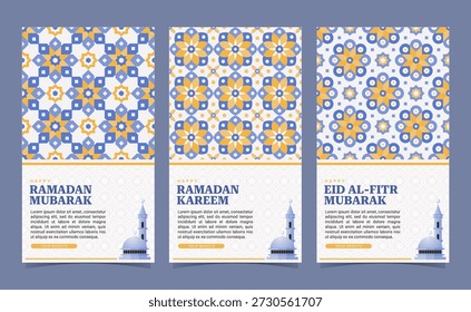 A digital social media post set for Ramadan and Eid featuring Islamic geometric patterns, and mosque illustrations. Ideal for online promotions, religious greetings, and festive campaigns.