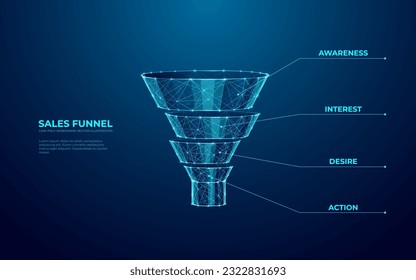 Digital Social Media Sales Funnel in blue technological polygons on dark background. Marketing Abstract Filter. Four Levels of Filtration. Customer Conversion Process. Low poly vector illustration.