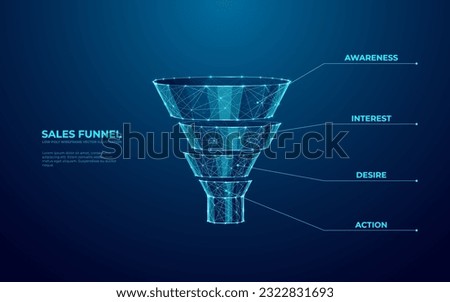 Digital Social Media Sales Funnel in blue technological polygons on dark background. Marketing Abstract Filter. Four Levels of Filtration. Customer Conversion Process. Low poly vector illustration.