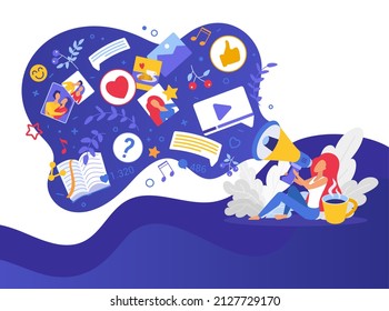 Digital social media user sharing personal story. Internet account activity posting own life content