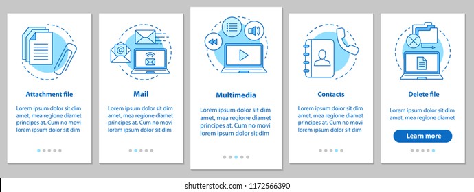 Digital software onboarding mobile app page screen with linear concepts. Attachment file, mail, multimedia, contacts, file deleting steps graphic instructions. UX, UI, GUI vector illustrations