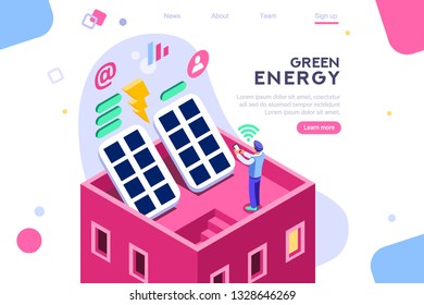 Digital solar building. Panels, electric economy, house device. Concept for infographics, hero images. Flat isometric vector illustration. Web banner between white background, between empty space