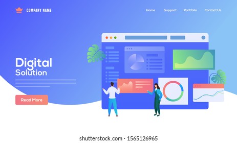 Digital Solution concept based landing page design with business man and woman maintain the website on blue background.