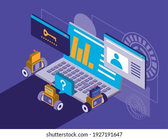 digital solutions laptop security support connection vector illustration isometric