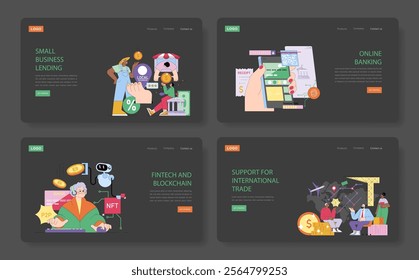 Digital solutions for small business lending, online banking, fintech, blockchain integration, and international trade support. Modern design for innovative banking. Vector illustration.