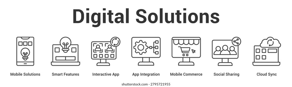 Digital Solutions web banner icon set vector illustration concept for business with icon of Mobile Solutions, Smart Features, Interactive App, App Integration, Mobile Commerce, Social Shari.