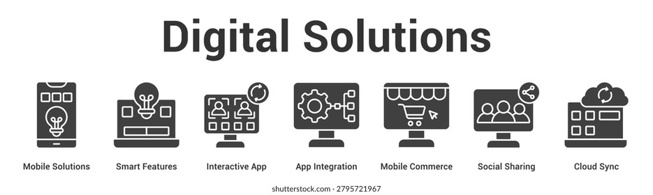 Digital Solutions web banner icon set vector illustration concept for business with icon of Mobile Solutions, Smart Features, Interactive App, App Integration, Mobile Commerce, Social Shari.