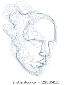 Digital soul of machine, Artificial Intelligence software visualization of human head made of dotted particles flowing wave lines array. Technical era period of evolution.