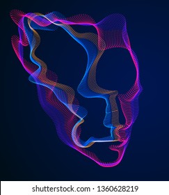 Digital soul of machine, Artificial Intelligence software visualization of human head made of dotted particles flowing wave lines array. Technical era period of evolution.