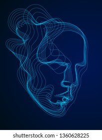 Digital soul of machine, Artificial Intelligence software visualization of human head made of dotted particles flowing wave lines array. Technical era period of evolution.