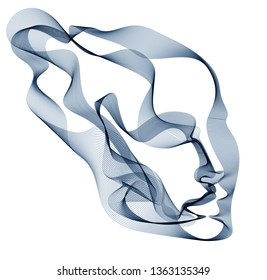 Digital soul of machine, Artificial Intelligence software visualization of human head made of dotted particles flowing wave lines array. Technical era period of evolution.