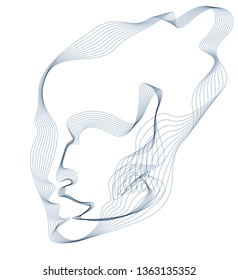 Digital soul of machine, Artificial Intelligence software visualization of human head made of dotted particles flowing wave lines array. Technical era period of evolution.