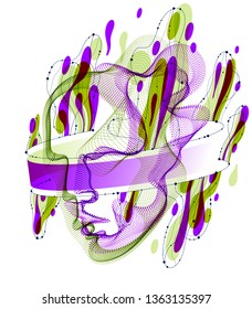 Digital soul of machine, Artificial Intelligence software visualization of human head made of dotted particles flowing wave lines array. Technical era period of evolution.