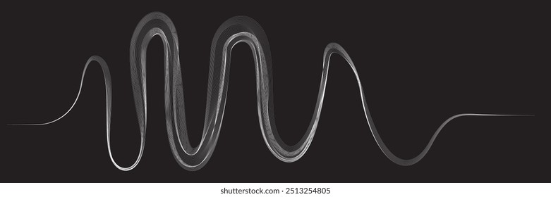 Equalizador de som digital . Sinal de frequência de sinal de áudio . Forma ondulada linear de fluido de fluxo abstrato . Linhas de volume acústico .Padrão de linhas curvas . Onda sonora de música . Ilustração vetorial