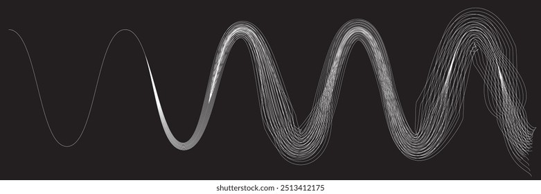 Equalizador de som digital . Sinal de frequência de sinal de áudio . Forma ondulada linear de fluido de fluxo abstrato . Linhas de volume acústico .Padrão de linhas curvas . Onda sonora de música . Ilustração vetorial