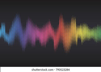 Digital sound equalizer with colored rainbow dots on dark background. Vector illustration