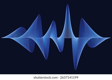 Digital sound wave with elegant blue neon glow effect on a dark background. Sound waves visualization or data with dynamic glowing blue lines.