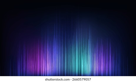 Digital soundwave equalizer with glowing vertical lines in purple blue and teal tones set against a dark backdrop representing modern technology music energy and audio visuals