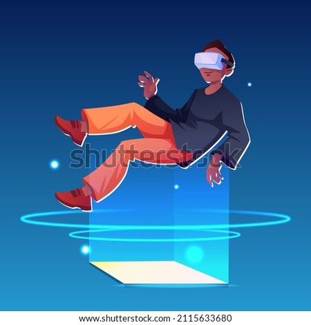 Digital space , male character floating while wearing VR glasses. Vector augmented and virtual reality, futuristic entertainment and life, innovations for visual experience and gaming